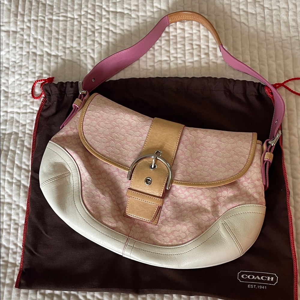 Coach Pink Canvas & Cream Leather Shoulder Bag with Tan Trim
